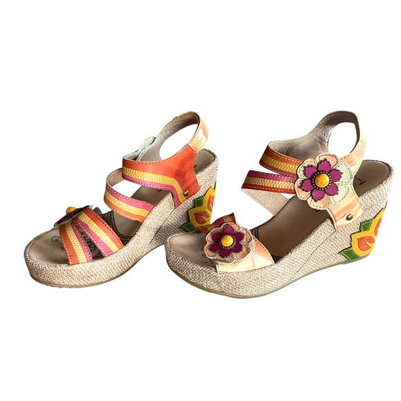 L'ARTISTE SPRING STEP Karnit Size 37/6.5-7 Peach Leather Espadrille Wedge Sandal - Picture 2 of 10